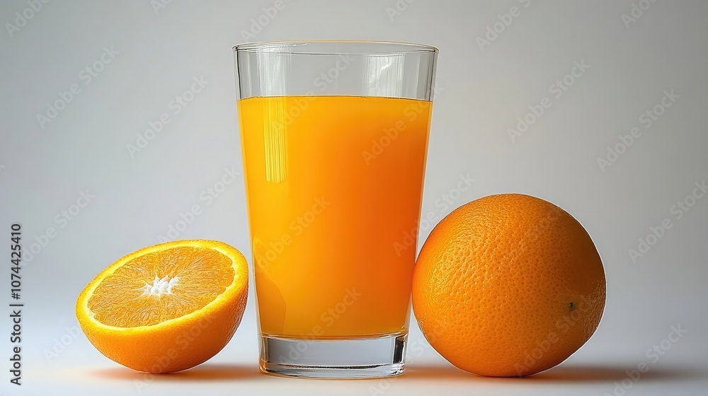 A glass of orange juice next to a whole orange and a half orange. The glass and oranges are all a vibrant yellow-orange color. A glass of orange juice next to a whole orange and a half orange. The glass and oranges are all a vibrant yellow-orange color.