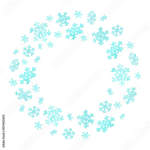 Circle frame with big and small cartoon snowflakes. Watercolor background template for cards, plates or shopping bags. Decorative winter border with empty place for text in center