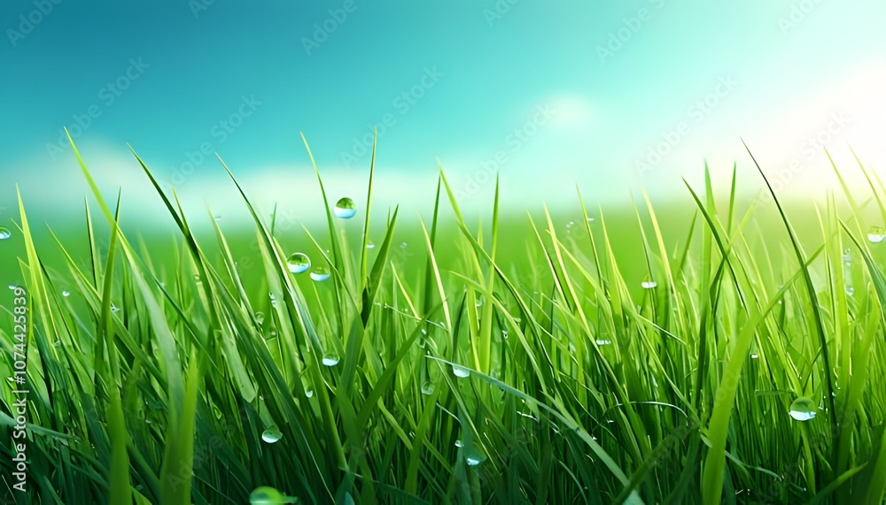 Dew-laden grass, vivid close-up, morning light, outdoor setting, 3D illustration. Dew-laden grass, vivid close-up, morning light, outdoor setting, 3D illustration.