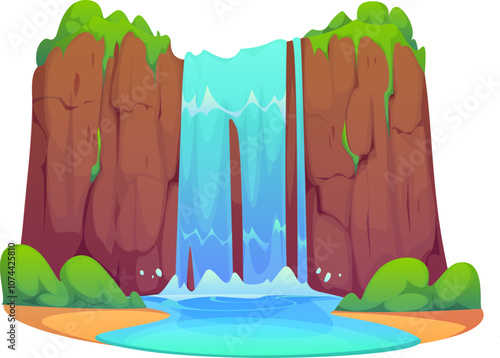 Cartoon waterfall water cascade. Isolated vector rocky hill with falling flow and lush green vegetation. Natural environment or park landscape. Splashing aqua stream falling from the high rock