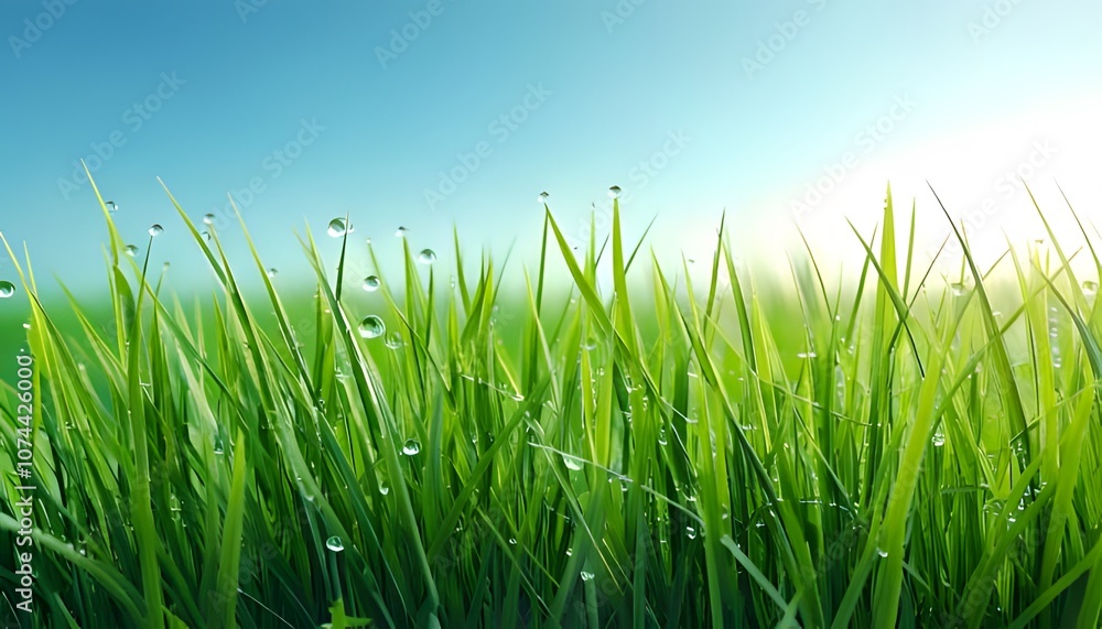 Dew-laden grass, vivid close-up, morning light, outdoor setting, 3D illustration. Dew-laden grass, vivid close-up, morning light, outdoor setting, 3D illustration.
