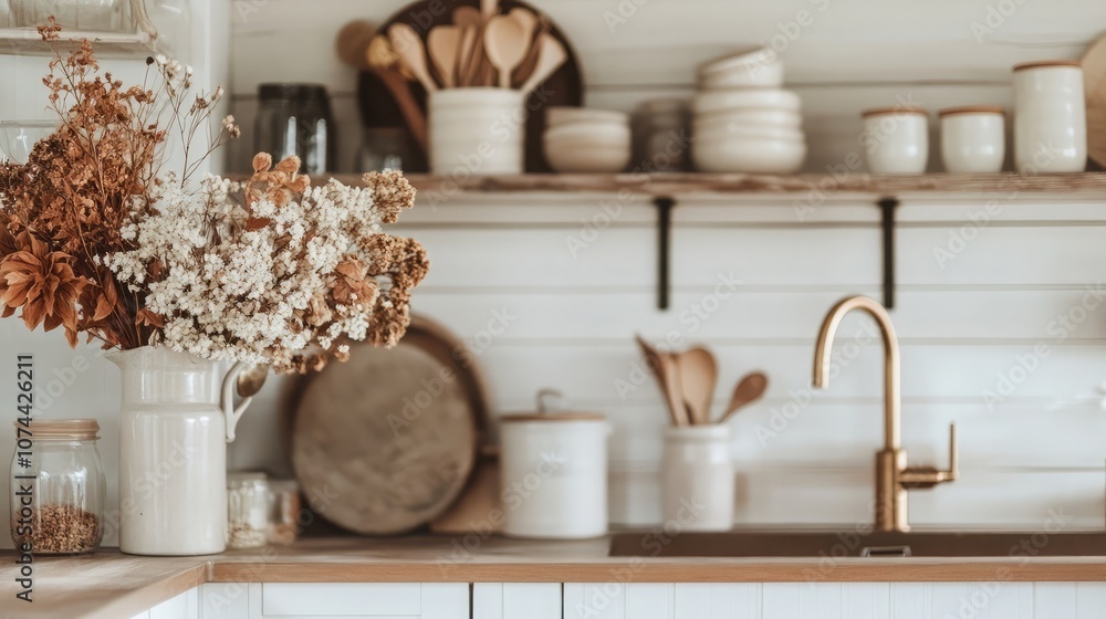 A bouquet of dried flowers in a white vase sits on a kitchen counter, adding a touch of rustic charm to the modern space. A bouquet of dried flowers in a white vase sits on a kitchen counter, adding a touch of rustic charm to the modern space.