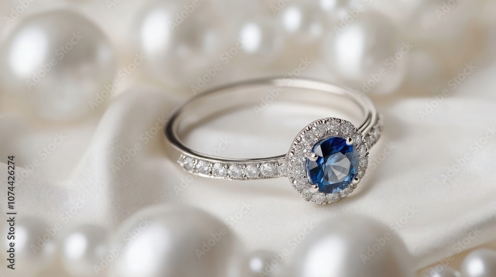 A close-up of a stunning engagement ring with a blue sapphire and diamond accents, resting on a bed of white pearls. A close-up of a stunning engagement ring with a blue sapphire and diamond accents, resting on a bed of white pearls.