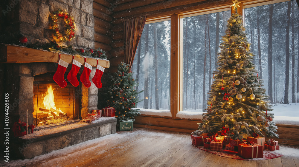 Fototapeta premium Cozy Christmas Living Room with Decorated Tree and Fireplace in a Rustic Cabin Overlooking Snowy Forest