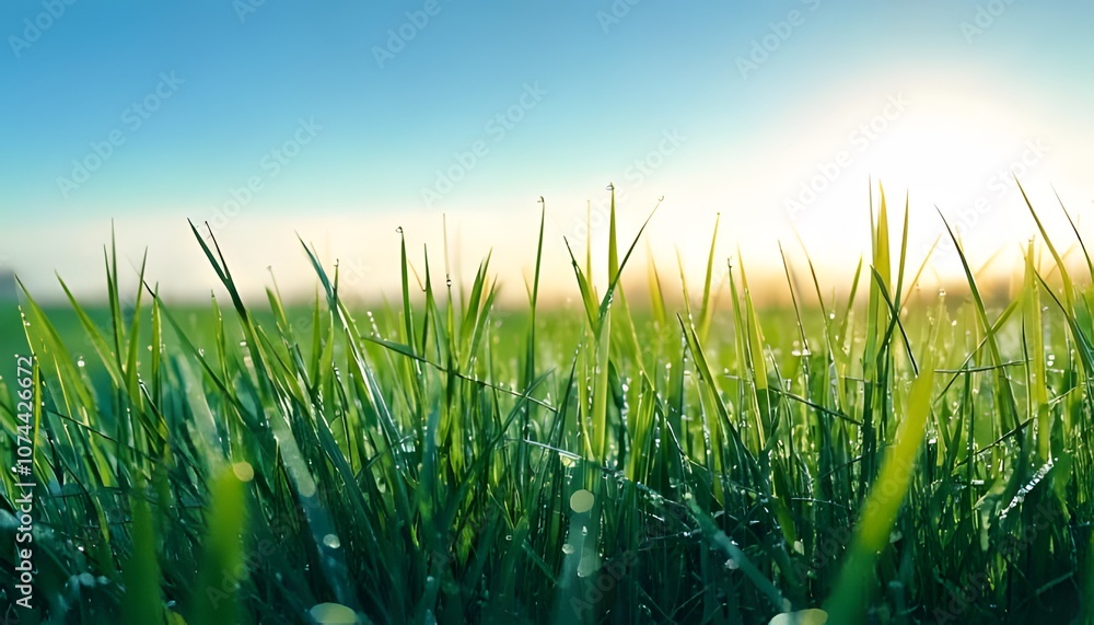 Fototapeta premium Dew-laden grass, vivid close-up, morning light, outdoor setting, 3D illustration.