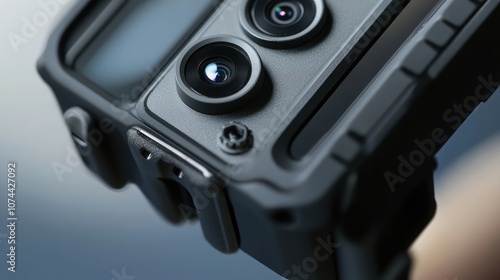 Close-up of a black camera with two lenses, showcasing its rugged design and professional features.