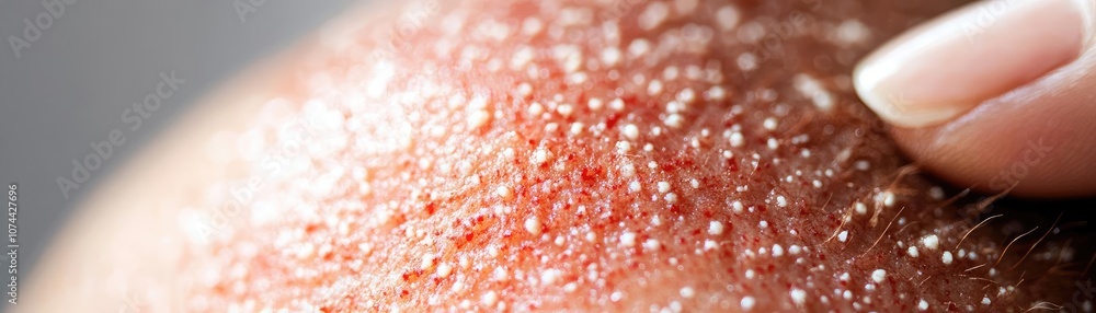 Close-up image of scalp with red, sore, and flaky patches, seborrheic dermatitis symptoms, showing inflamed and itchy areas, medical detail, textured realism Close-up image of scalp with red, sore, and flaky patches, seborrheic dermatitis symptoms, showing inflamed and itchy areas, medical detail, textured realism