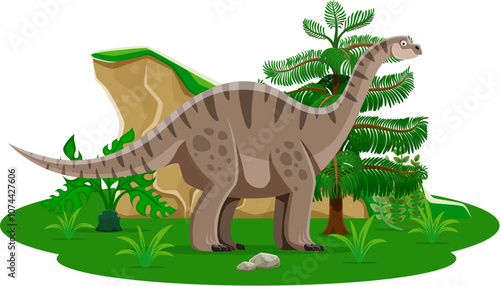 Vulcanodon prehistoric dinosaur character. Cartoon vector brown quadrupedal sauropod dino. Ancient herbivore reptile animal standing among ferns and rocks in the Early Jurassic period environment