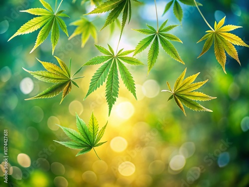 A Dynamic Composition of Cannabis Leaves Floating Elegantly in Air, Perfect for Editorial and Creative Projects Related to Cannabis Culture and Lifestyle