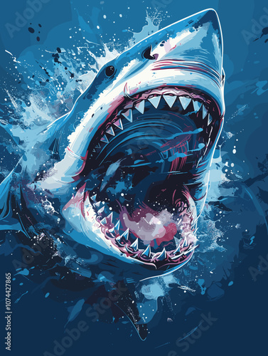 Vector illustration of a great white shark on grunge background. Design element for poster, card, banner, flyer.