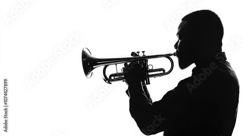 Silhouette of a man playing the trumpet against a white background.