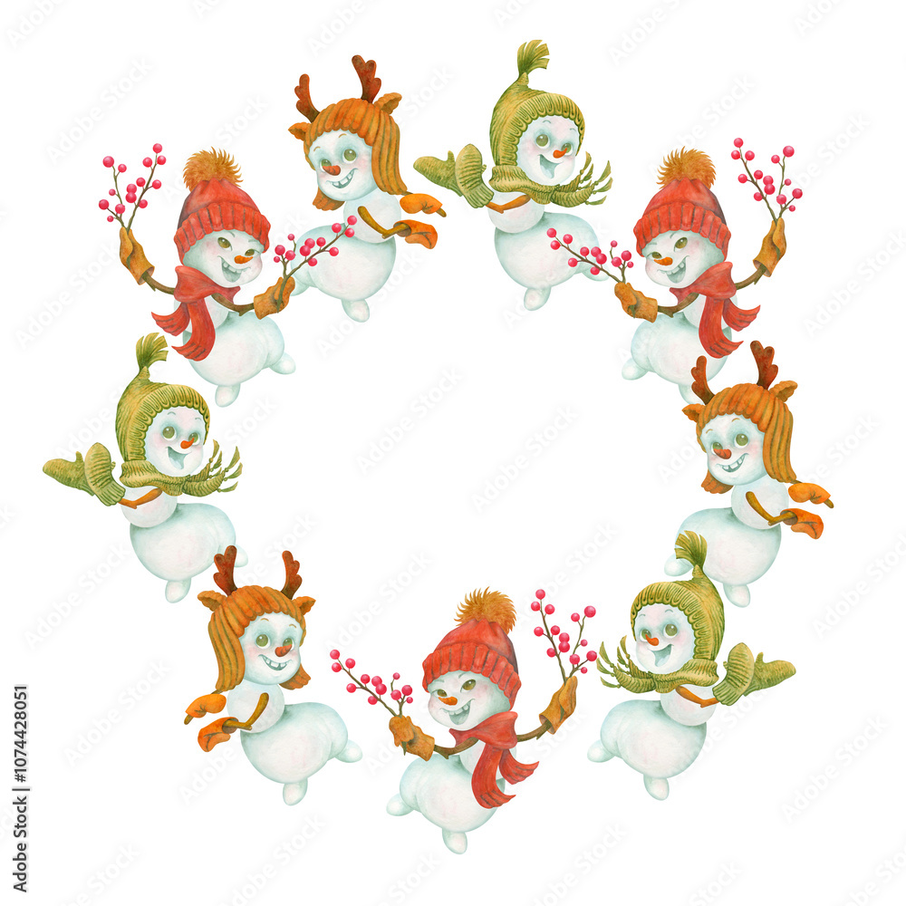 Circle frame or border with funny dancing snowmen. Watercolor background template for cards, plates, shopping bags. Decorative winter composition with place for text in center for holiday designs Circle frame or border with funny dancing snowmen. Watercolor background template for cards, plates, shopping bags. Decorative winter composition with place for text in center for holiday designs