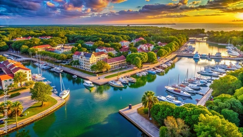 Aerial Panoramic View of Harbour Town, Hilton Head, South Carolina Showcasing Vibrant Marina, Scenic Waterfront, and Lush Surroundings in a Breathtaking Urban Exploration Perspective