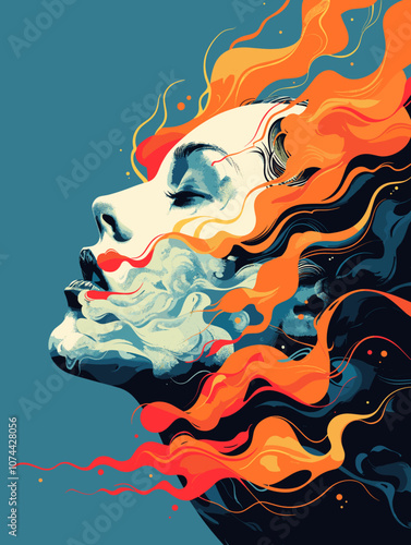 Vector illustration of a female face in profile with flowing hair and colorful smoke.
