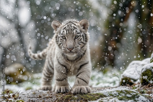 A young white tiger cub walking in a snowy forest, surrounded by gently falling snowflakes, creating a serene winter scene..