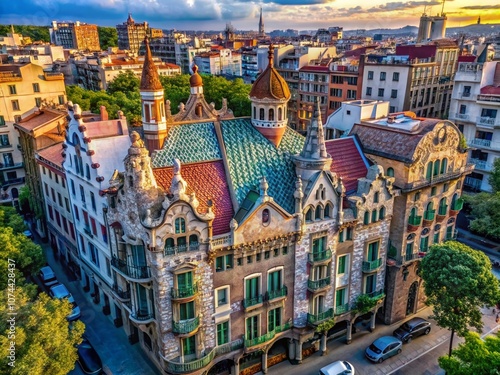 Aerial Photography of Casa Amatller, Showcasing Architectural Details and Surrounding Urban Landscape in Barcelona, Spain, Captured from a Unique Perspective photo