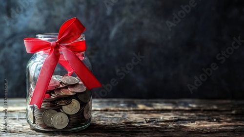 A glass jar filled with coins and tied with a vibrant red ribbon representing the idea of fundraising and financial support for those affected by HIVAIDS