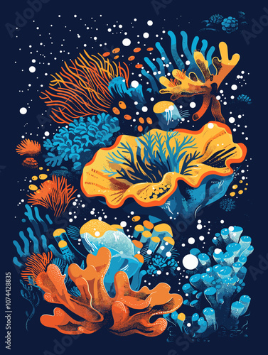 Coral reef with corals. Underwater world. Vector illustration.