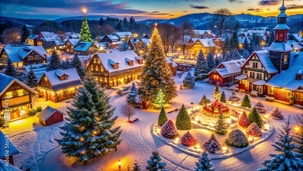Aerial View of a Festive Christmas Village Illuminated with Colorful Lights and Decorations, Capturing the Holiday Spirit in a Beautiful Drone Photography Scene Aerial View of a Festive Christmas Village Illuminated with Colorful Lights and Decorations, Capturing the Holiday Spirit in a Beautiful Drone Photography Scene
