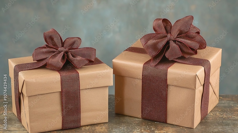 Obraz premium Beautifully wrapped Christmas gift boxes with shiny ribbons and elegant bows resting on a rustic wooden table Festive holiday in warm cozy atmosphere