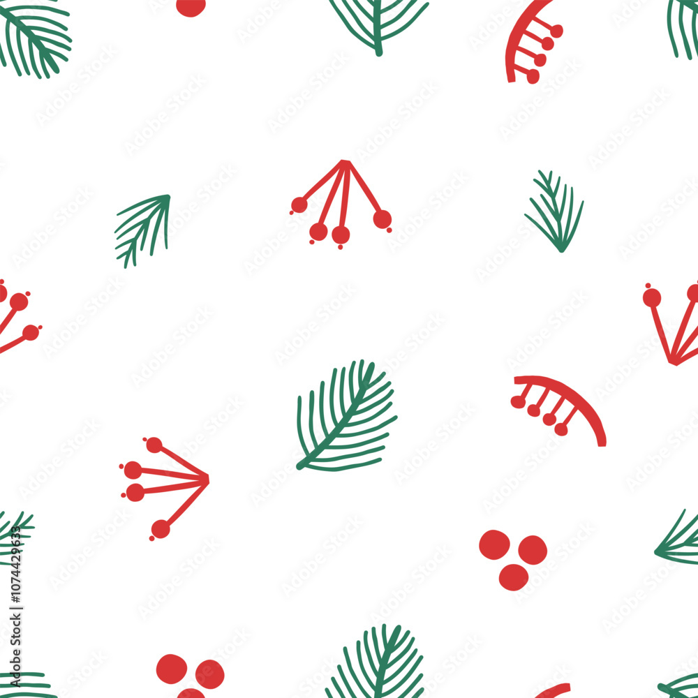 Obraz premium Hand drawn seamless pattern with christmas tree branches and berries.