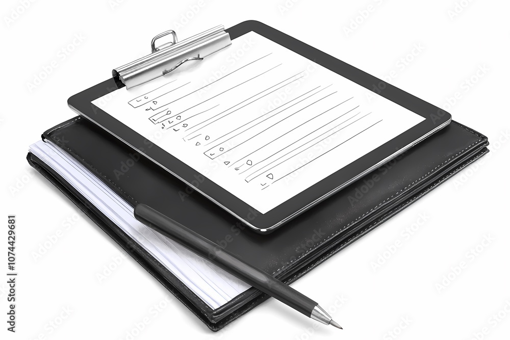 Modern Digital Checklist on Tablet Displayed on Top of Notebook with Pen and Clipboard, Ideal for Business, Education, and Planning Needs Modern Digital Checklist on Tablet Displayed on Top of Notebook with Pen and Clipboard, Ideal for Business, Education, and Planning Needs