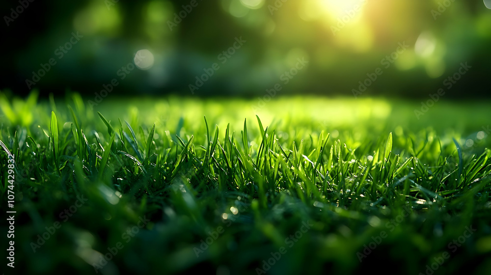Naklejka premium Green Grass Blades with Sunlight Background