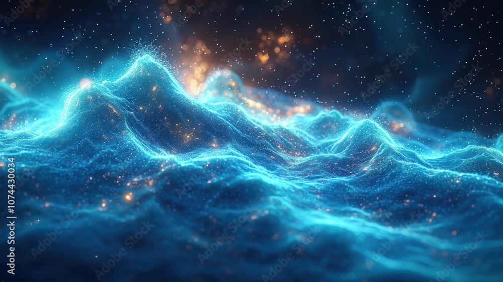 Captivating Ocean Waves with Cosmic Lights: A Stunning Visualization of Abstract Water Surfaces Illuminated by Dazzling Particles and Electric Blue Glows Captivating Ocean Waves with Cosmic Lights: A Stunning Visualization of Abstract Water Surfaces Illuminated by Dazzling Particles and Electric Blue Glows