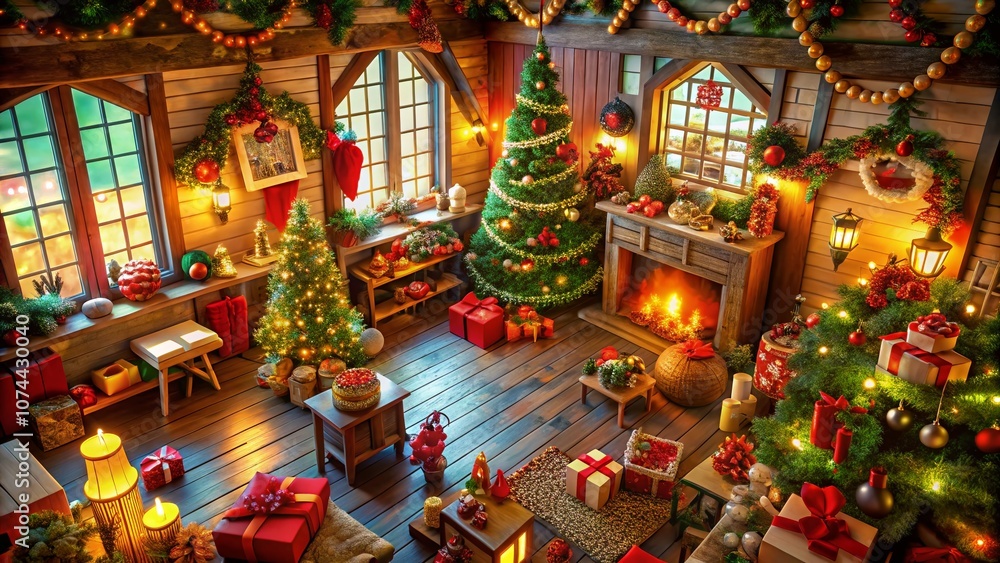Aerial View of a Magical Santa Claus Workshop Interior Decorated for Christmas with Colorful Lights, Gifts, and Holiday Cheer, Perfect for Seasonal Celebrations and Festive Imagery Aerial View of a Magical Santa Claus Workshop Interior Decorated for Christmas with Colorful Lights, Gifts, and Holiday Cheer, Perfect for Seasonal Celebrations and Festive Imagery