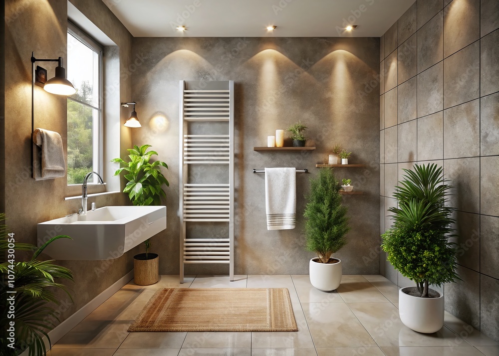 Aerial View of a Modern Bathroom Featuring a White Towel Dryer Radiator with Thermostat, Elegant Fixtures, and a Relaxing Ambiance for Home Design Inspiration Aerial View of a Modern Bathroom Featuring a White Towel Dryer Radiator with Thermostat, Elegant Fixtures, and a Relaxing Ambiance for Home Design Inspiration