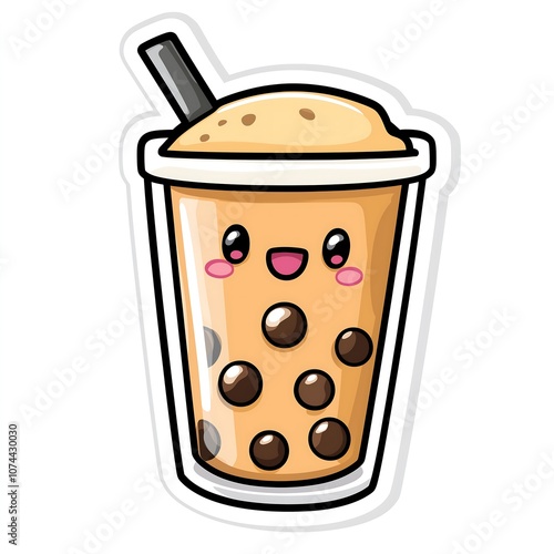Wallpaper Mural Cute bubble milk tea tapioca pearls balls glass plastic cup straw happy face cartoon sticker white background, Asian drinks Torontodigital.ca