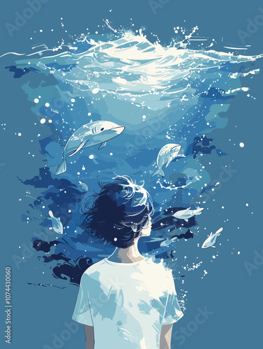 Girl looking at dolphins in the ocean. Underwater world. Vector illustration.