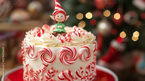 Wallpaper Mural Delightful 3D Christmas cake adorned with festive candy cane swirls peppermint accents and a charming little elf figurine sitting on top creating a magical holiday inspired dessert display Torontodigital.ca