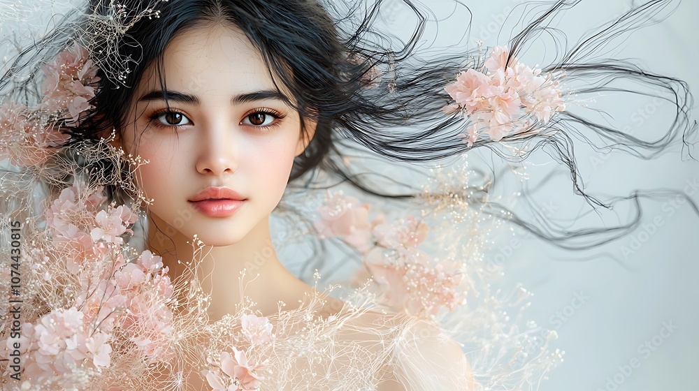 The portrait features a woman wearing a flowing dress adorned with delicate light pink flowers, her hair styled in loose waves and a soft smile playing on her lips The portrait features a woman wearing a flowing dress adorned with delicate light pink flowers, her hair styled in loose waves and a soft smile playing on her lips