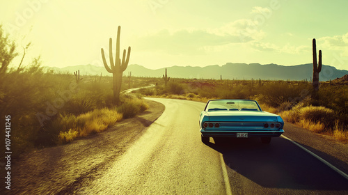 Rear View of Vintage Blue Car Driving Through Sunny Desert Road Surrounded by Cacti – Classic Route Adventure