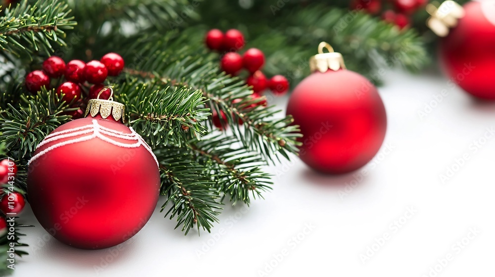 Fototapeta premium Festive Christmas holiday mockup on a clean white background including red ornaments pine branches berries and elegant typography Ideal for holiday card or seasonal web design template