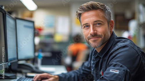 Smiling Man Working on Computer