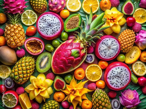 Aerial View of Colorful Cartoon Exotic Fruits with Editable Text Effect Template for Creative Designs and Marketing Applications