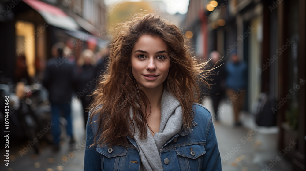 Close-Up of Girl in Denim Jacket Against City Background Close-Up of Girl in Denim Jacket Against City Background