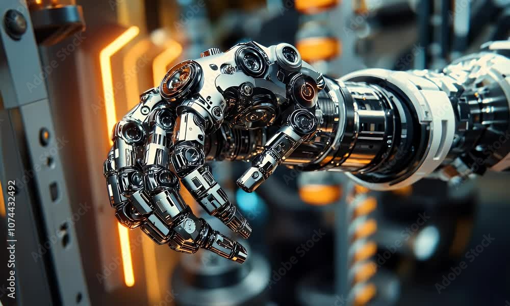 A close-up of a metallic robotic hand showcasing intricate mechanical design. A close-up of a metallic robotic hand showcasing intricate mechanical design.