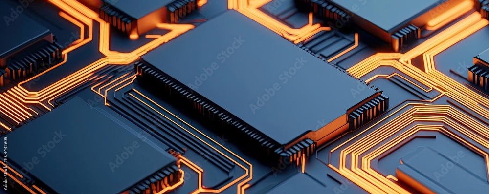 Close-up of intricate circuit board design with glowing connections. Close-up of intricate circuit board design with glowing connections.