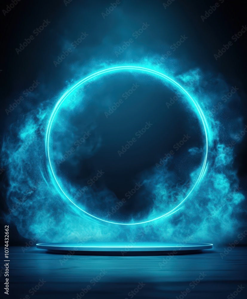 Fototapeta premium Modern blue glowing portal surrounded by mist in a dark environment
