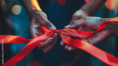 Hands Wrapping Around a Red Ribbon in a Show of Support and Solidarity for HIVAIDS Awareness and Prevention  Symbolic Gesture of Care Compassion and Community Involvement photo