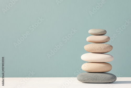 A balanced stack of smooth stones resting on a wooden surface with a soft green background