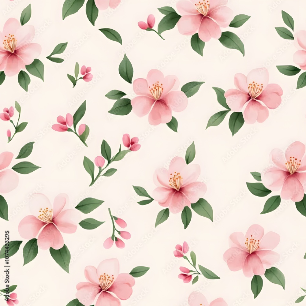 A delicate floral pattern featuring soft pink flowers and green leaves on a light background, perfect for a fresh and vibrant aesthetic. A delicate floral pattern featuring soft pink flowers and green leaves on a light background, perfect for a fresh and vibrant aesthetic.