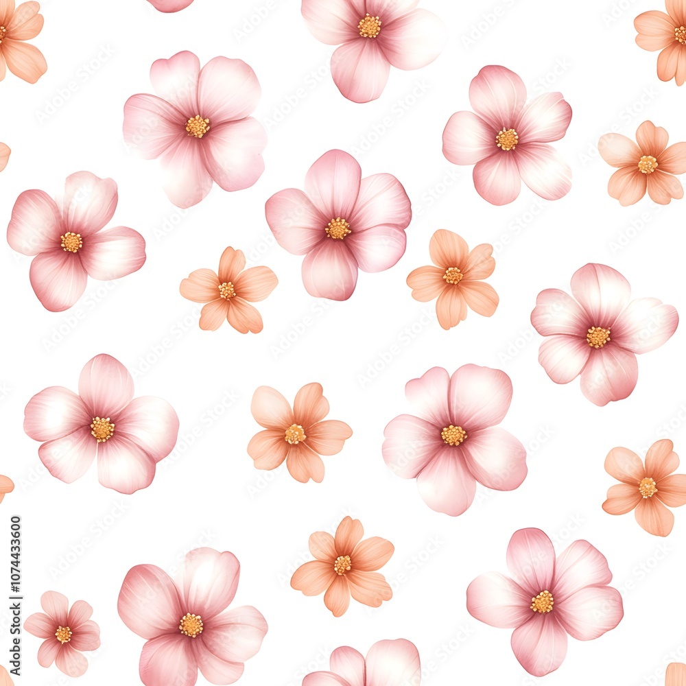 A vibrant pattern of pink and peach flowers scattered on a white background, creating a cheerful and fresh floral design. A vibrant pattern of pink and peach flowers scattered on a white background, creating a cheerful and fresh floral design.