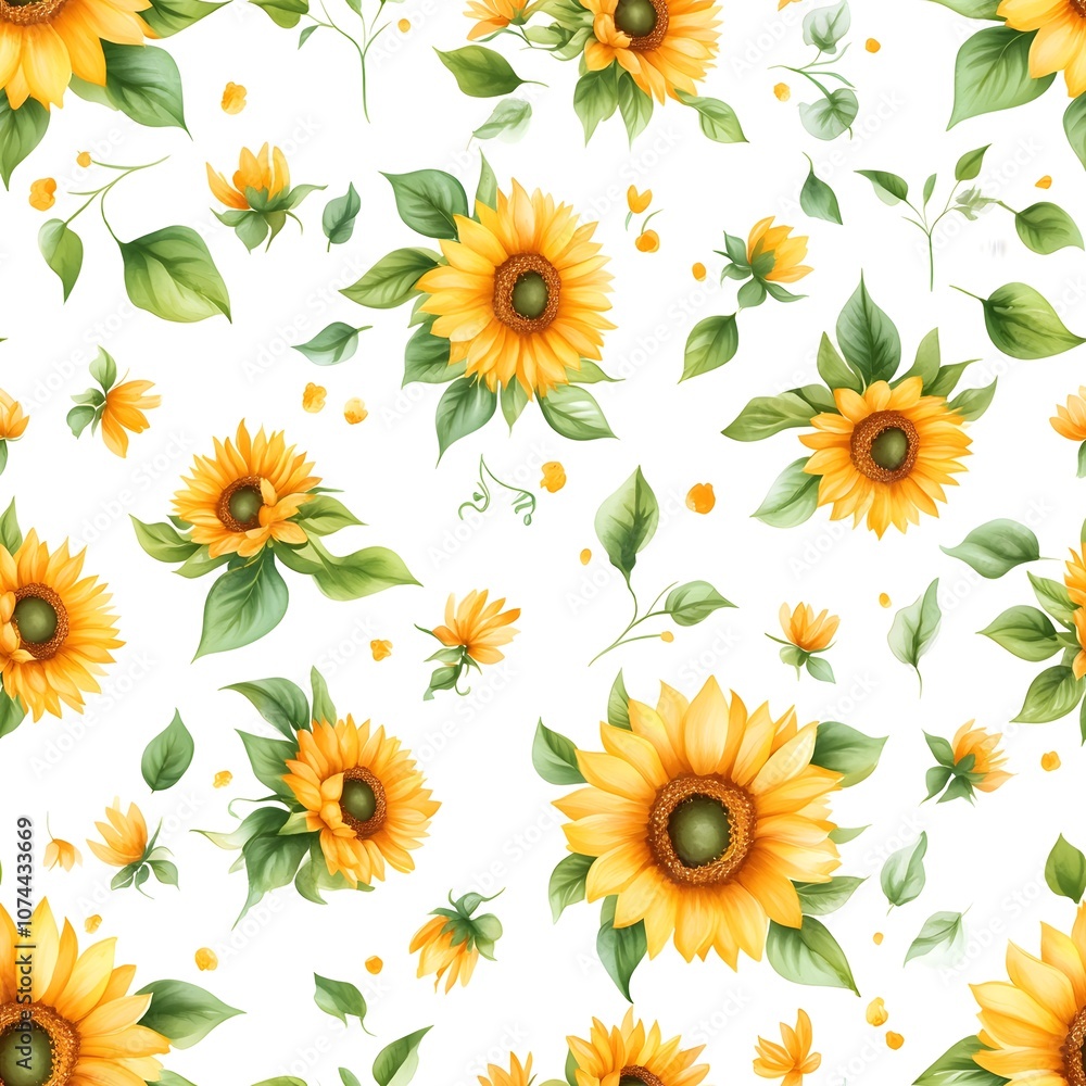 A vibrant pattern featuring sunflowers and green leaves on a white background, conveying a fresh and cheerful aesthetic. A vibrant pattern featuring sunflowers and green leaves on a white background, conveying a fresh and cheerful aesthetic.