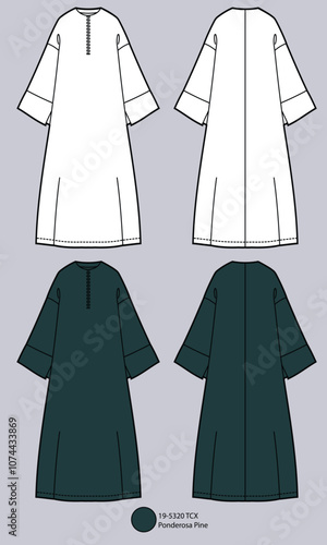 flat drawing of simple abaya or simple long dress with front zipper