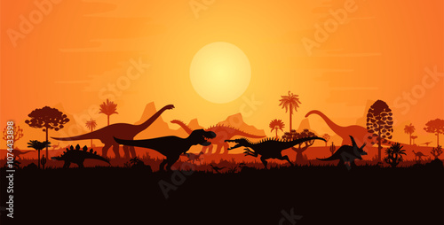 Giant dinosaurs fighting silhouettes in sunset landscape of Jurassic era, vector background. Prehistoric dino park or paleontology museum banner with fighting roaring T-rex and dinosaurs silhouettes