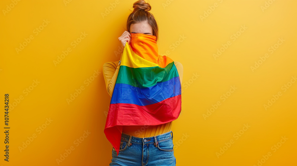 Young gay smiling at camera over rainbow flag background. LGBT people concept Young gay smiling at camera over rainbow flag background. LGBT people concept